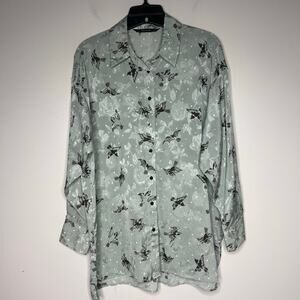 Zara Women's All Over Bird Print Sheer Button Up Sage Green Polka Dot Size L